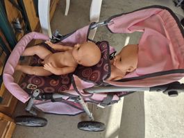 Puppenwagen Zwillingswagen Rosa mit zwei Puppen (jungs)!