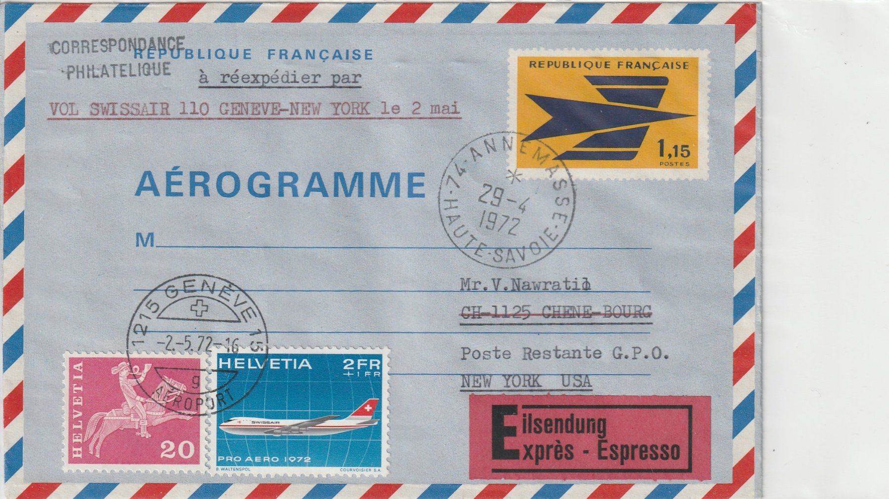 Tutti i francobolli: Flugpost-Aerogramm-Genf-New York-1972-Eilsendung – Usato da uttwil venduto da Koehlerfred