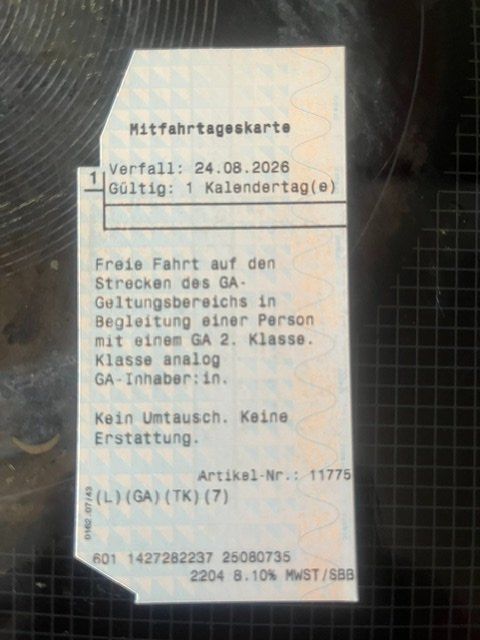 Tickets: SBB Mitfahrtageskarte 1. oder 2. Klasse,  gültig bis 24.8. – Neu (gemäss Beschreibung) aus Zürich von ku-si