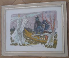 Alois Carigiet Litho Auerhahn mit Baum 1974 in Orig. Rahmen