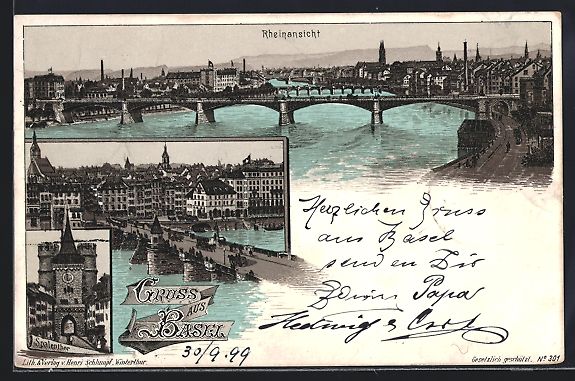 Cartoline postali: Litho Basel, Spalenthor, Rheinansicht, T – Usato da Berlin venduto da bartko-reher