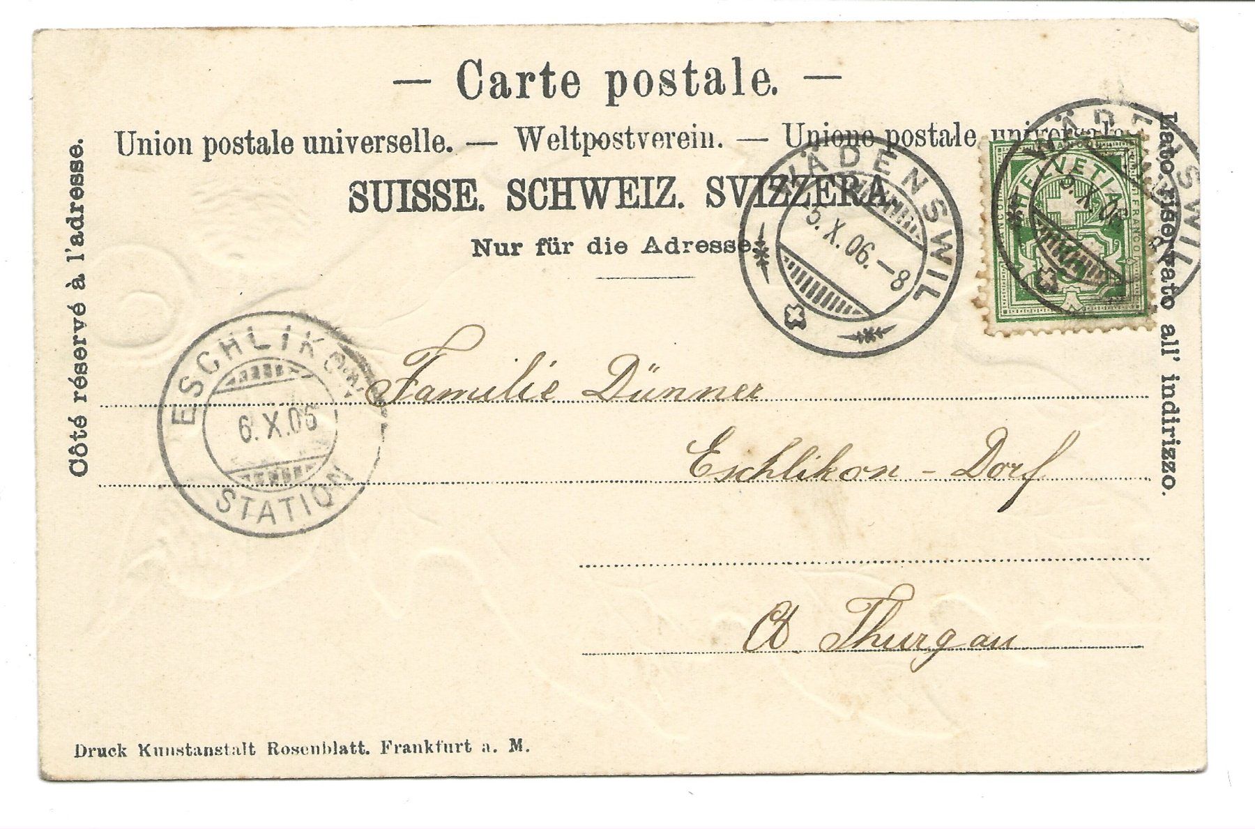 Cartoline postali: Wädenswil (ZH) Glärnisch Quartier - Eichenblatt-Litho - 1906 – Usato da Engelburg venduto da Cartophil 1