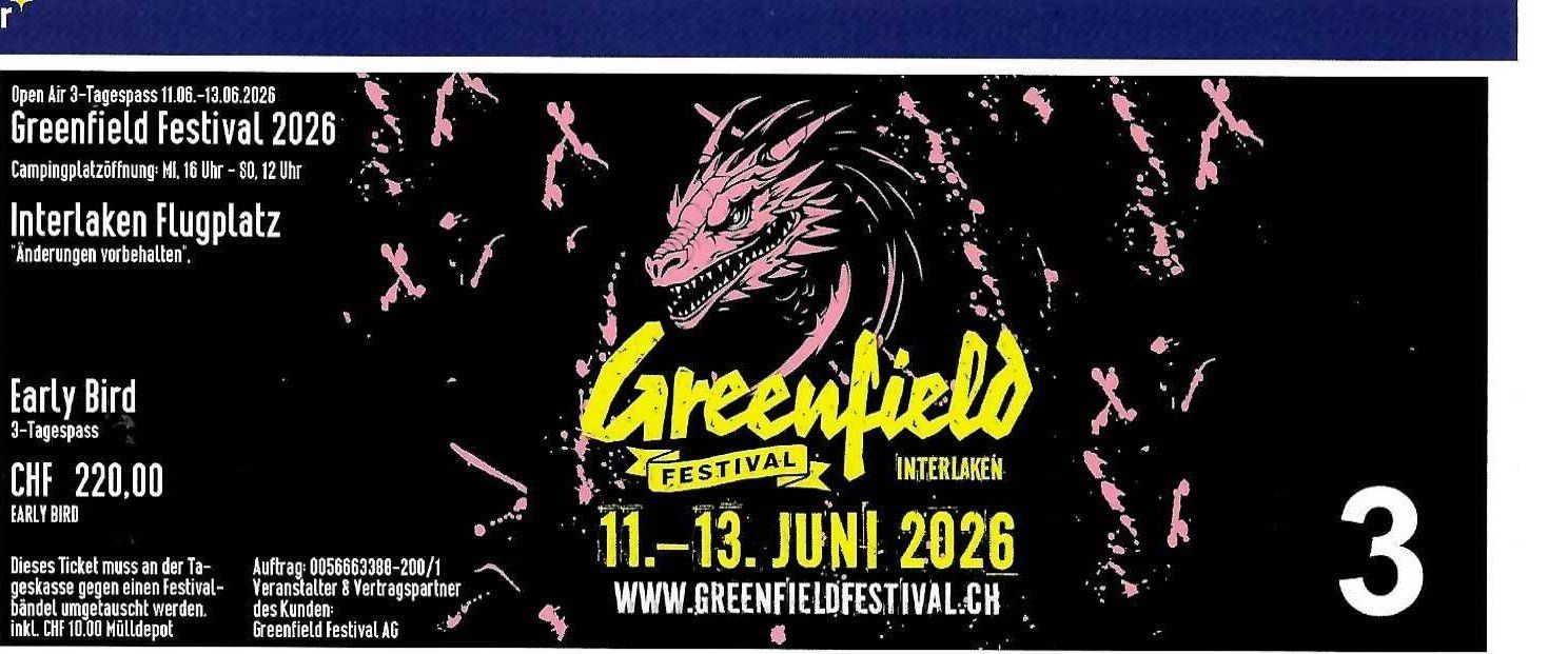 Biglietti: Greenfield 2026 3-Tages-Pass – Nuovo (secondo la descrizione) da Oftringen venduto da neon3173