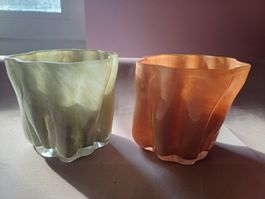 neu: 2 Glasvasen / Teelichthalter salbeigrün und rostbraun