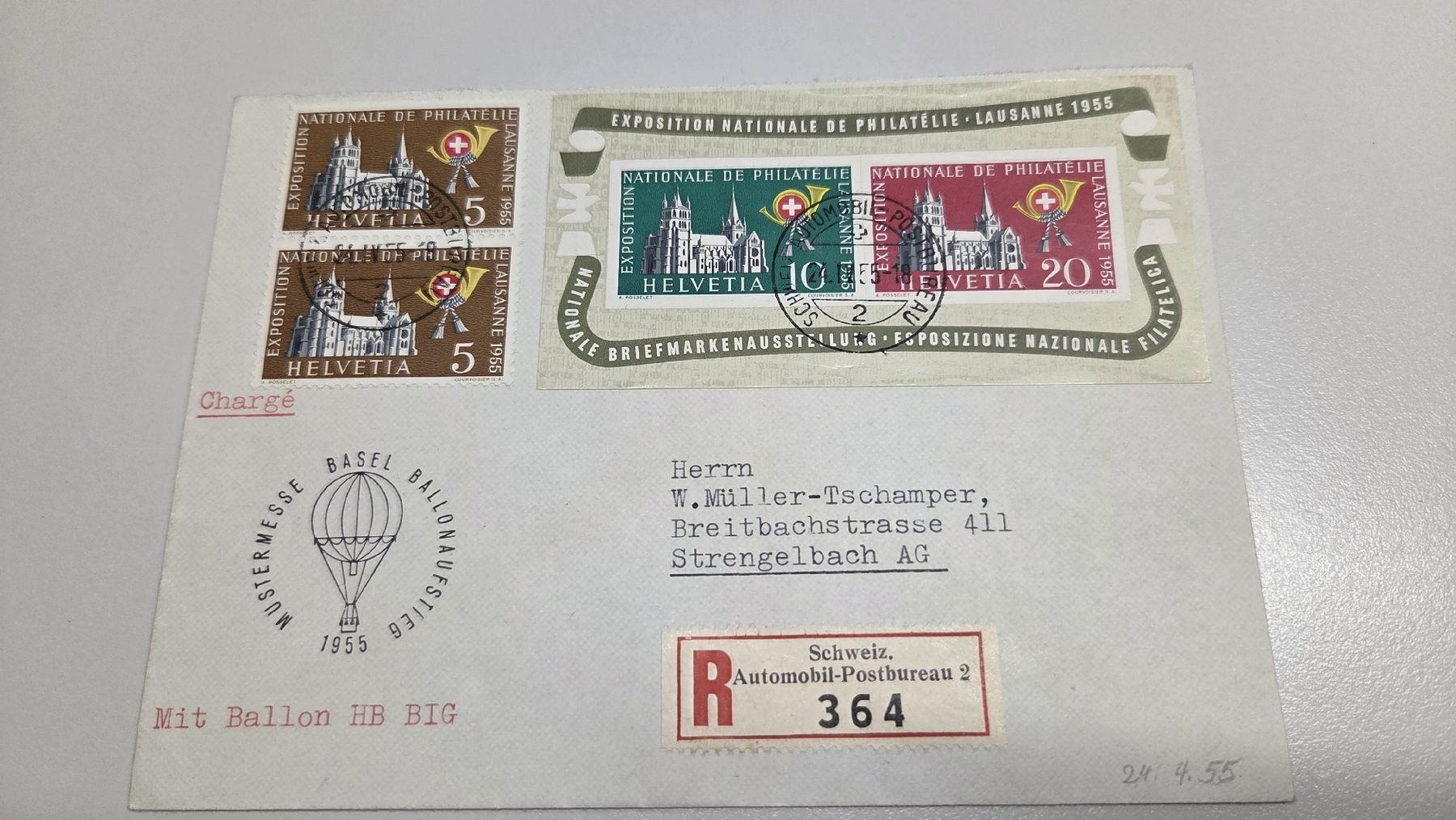 Tutti i francobolli: 1955 Ballonflug mit Lausanne Block – Usato da Arni AG venduto da Moth68