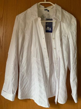 Neue ungetragene Cecile Bluse weiss mit Satinstreifen, Gr. L