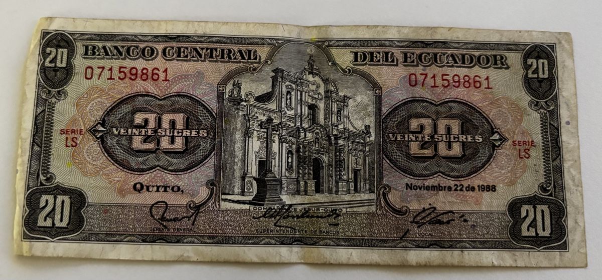 Banknoten: Ecuador 20 Sucres 1988 – Gebraucht aus Algetshausen von Carrhard
