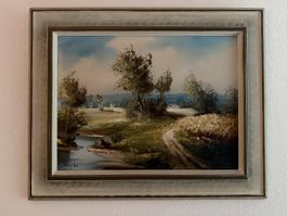 Gemälde Landschaft mit Bach und Weg, guter Zustand