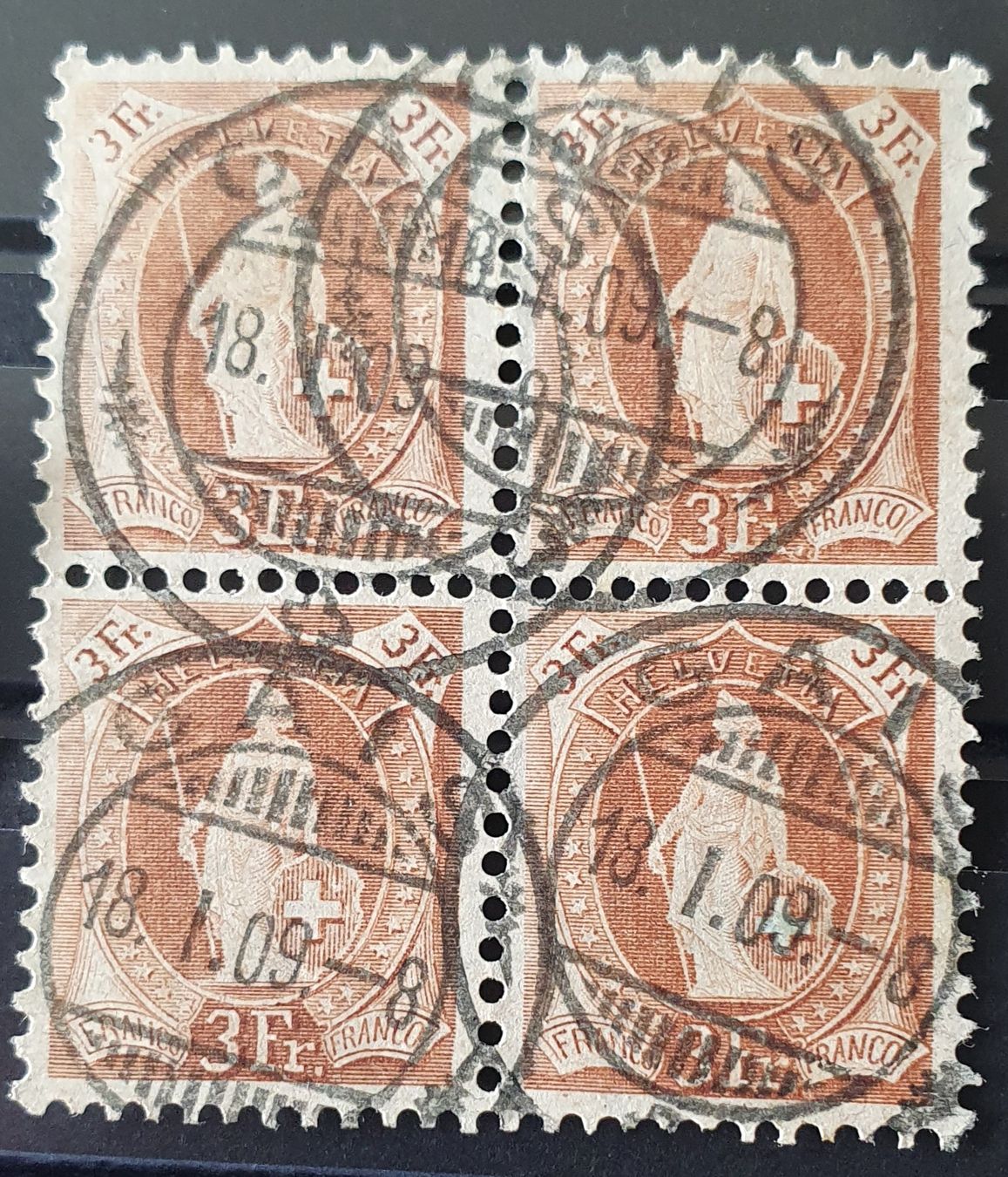 Tutti i francobolli: Stehende Helvetia 100B, im 4er Block, Kat.700.- – Usato da Kreuzlingen venduto da Rschweiz1