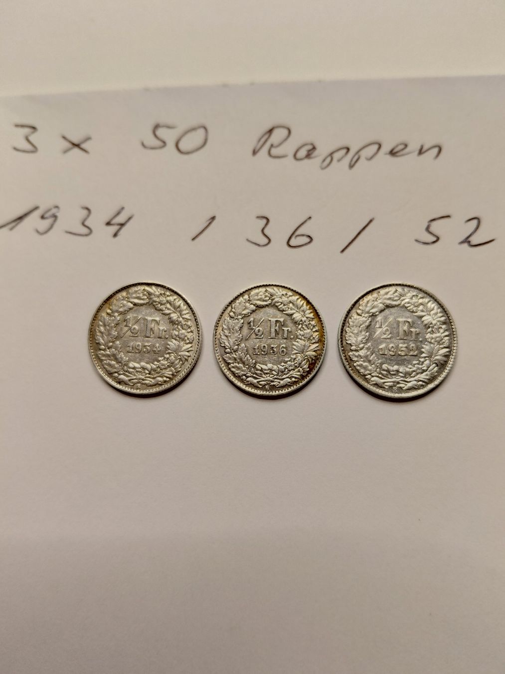 Toutes les monnaies: 3x 50 Rappen 1934, 1936, 1952  – D'occasion à Bonaduz par topolino052