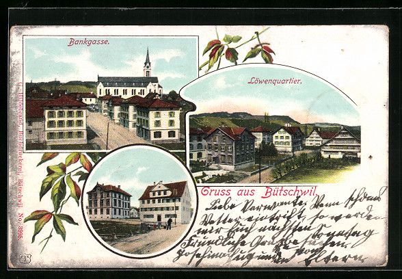 Cartoline postali: Bütschwil, Löwenquartier, Strasse Bank – Usato da Berlin venduto da bartko-reher