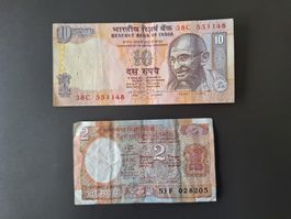 2 Banknoten Indien 2  & 10 Rupees (1980 & 2006)
