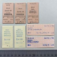 Ab Bülach, 7 alte Bahn Billette, SBB, 1983 & 1984