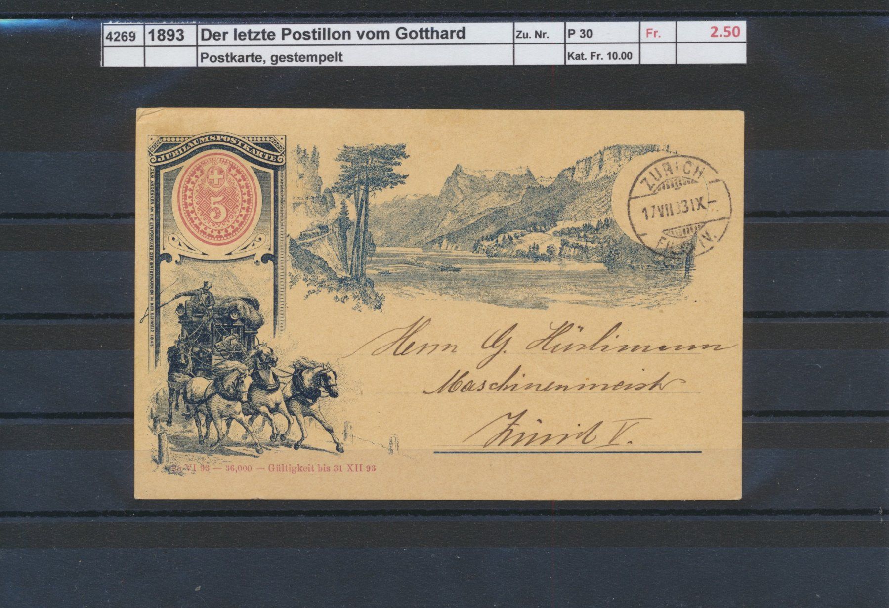 Tutti i francobolli: 1893 Postkarte, "Der letzte Postillon vom Gotthard", gest. – Usato da Winterthur venduto da Zupogeru
