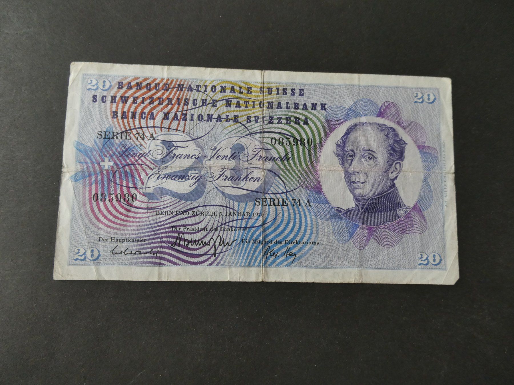 Banknoten: Schweiz 1970, 20 Franken – Gebraucht aus Hinterforst von Rohusri