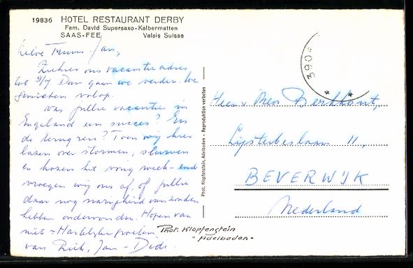 Ansichtskarten: Saas-Fee /Valais, Hotel Restaurant Derby – Gebraucht aus Berlin von bartko-reher 1