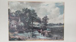 Altes Landschaftsbild mit Fluss und Fuhrwerk, Kunstdruck