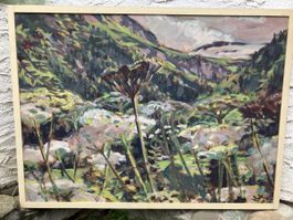 Tableau Bild paysage montagne Bergen  fleurs signé