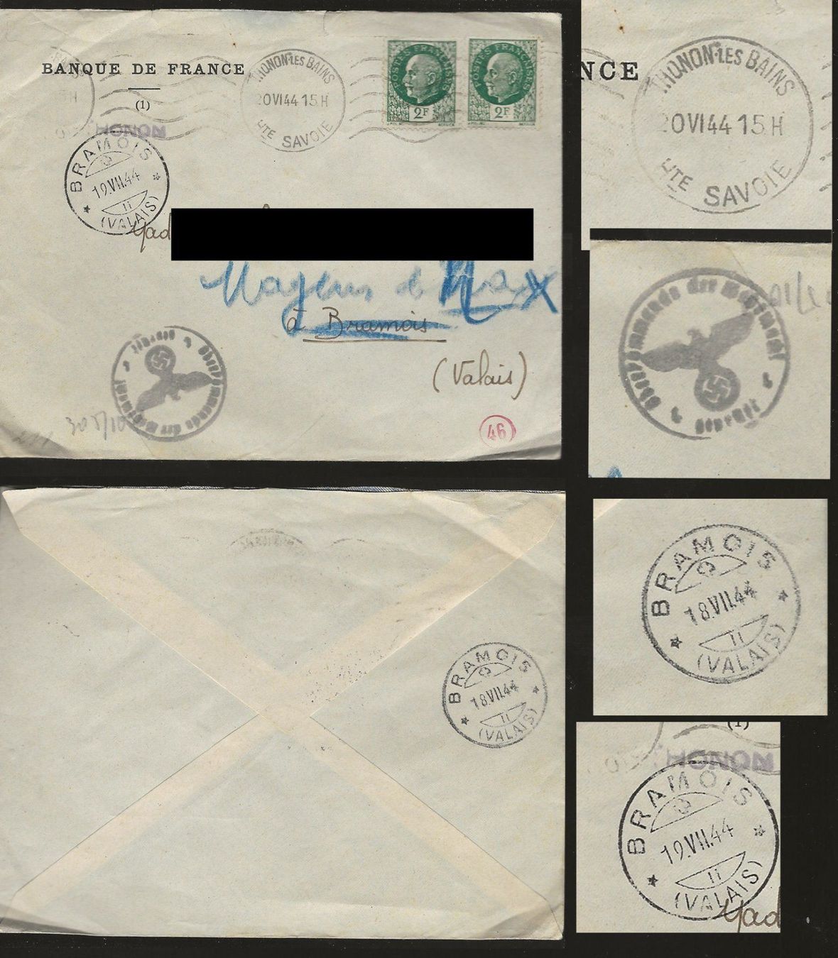 Alle Briefmarken: Lettre occupation 1944 divers tampons – Gebraucht aus Sion von PierreP01