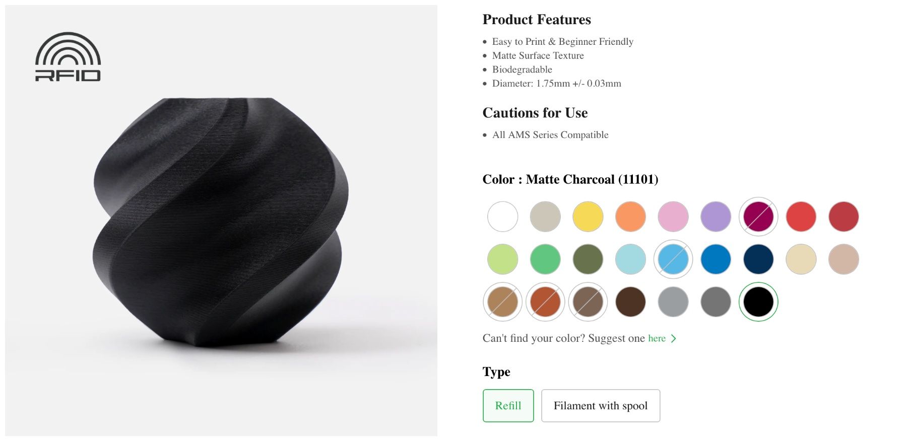 Filament: Bambu Lab PLA Matte Charcoal (11101) / refill – Neu und originalverpackt aus Aven von psdigital 1