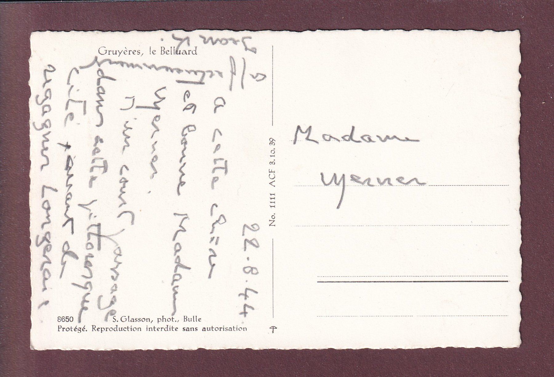 Cartoline postali: GRUYERES - Le Belluard - 1944 – Usato da Pully venduto da nicecards 1