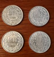 4 x pieces argent 2.- 1944  1965 1965 1967 Franken Silber