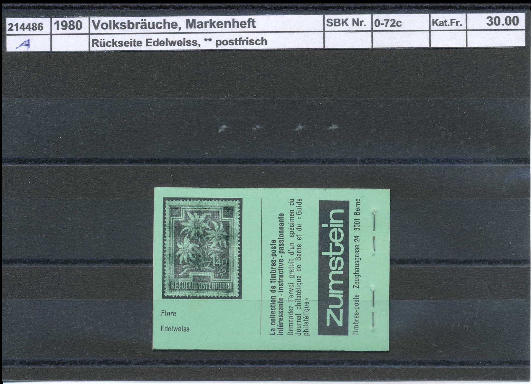 Tutti i francobolli: 1980 Volksbräuche, Markenheftchen, "grün", ** postfrisch – Nuovo (secondo la descrizione) da Winterthur venduto da Zupogeru
