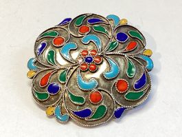 Vintage Silber Brosche , Cloisonné Emaille Handarbeit