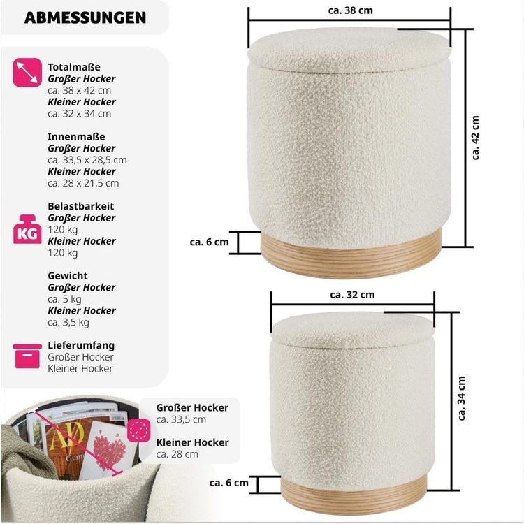 Sgabelli: 2er Set Hocker mit Stauraum Bouclé Sitzhocker AMELIE – Nuovo e nell'imballaggio originale da Lachen SZ venduto da sw3zzy 1