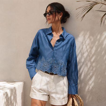 Zara Hemd Hemdbluse Bluse Lochstickerei Jeans Optik M NEU