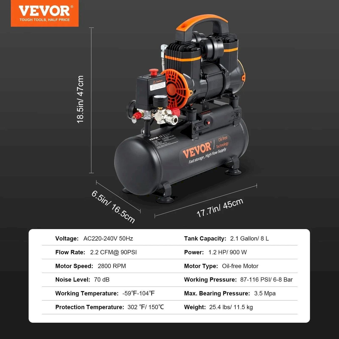 Compresseurs: VEVOR 2-900F8 Flüsterkompressor 8bar 8L – Neuf avec emballage d'origine à Bottighofen par zaap 6