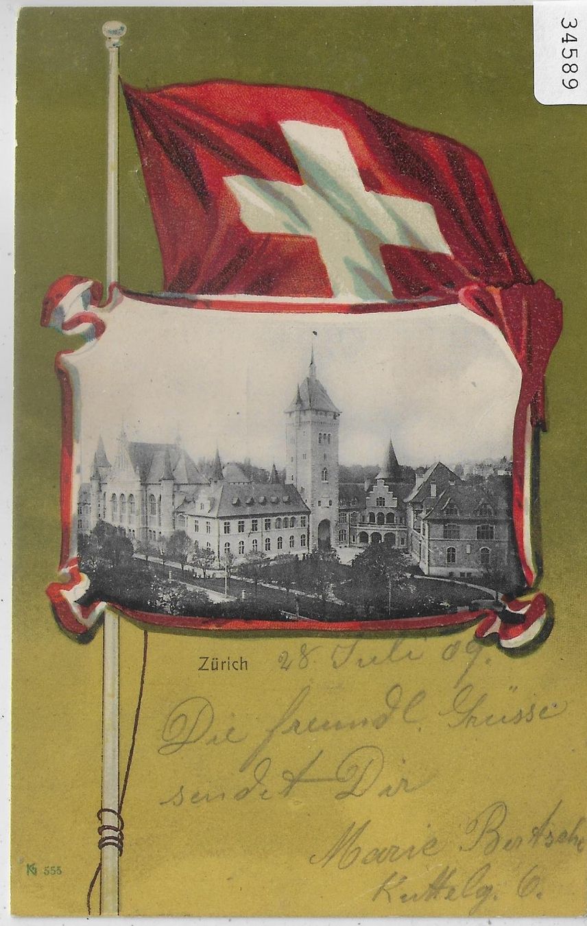 Cartoline postali: Zürich - Landesmuseum - Schweizerfahne Litho – Usato da Ettingen venduto da Kartenplanet