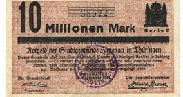 Ilmenau 10 Mil.Mark+Stempel 25.09.1923 VZ-VZ+