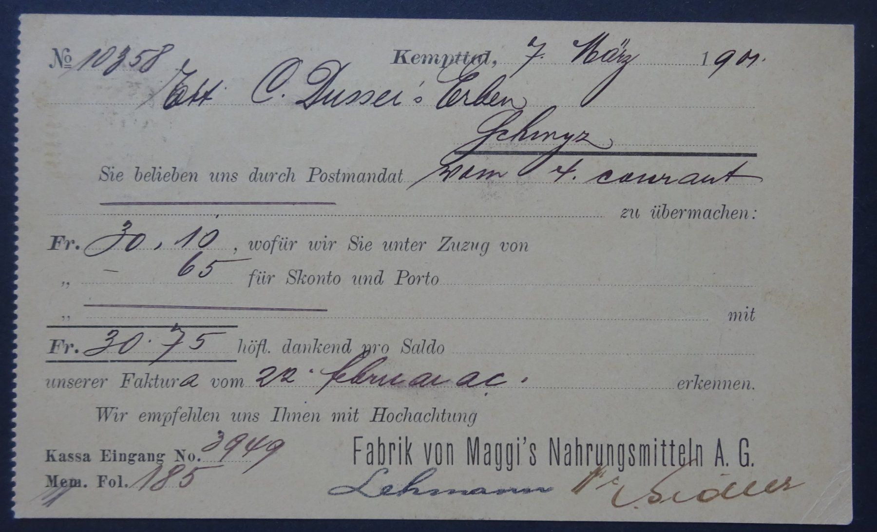 Alle Briefmarken: illustr. Postkarte Maggi, Kartenformat! mit 65B Perfin – Gebraucht aus Watt von Oo2rup5 1