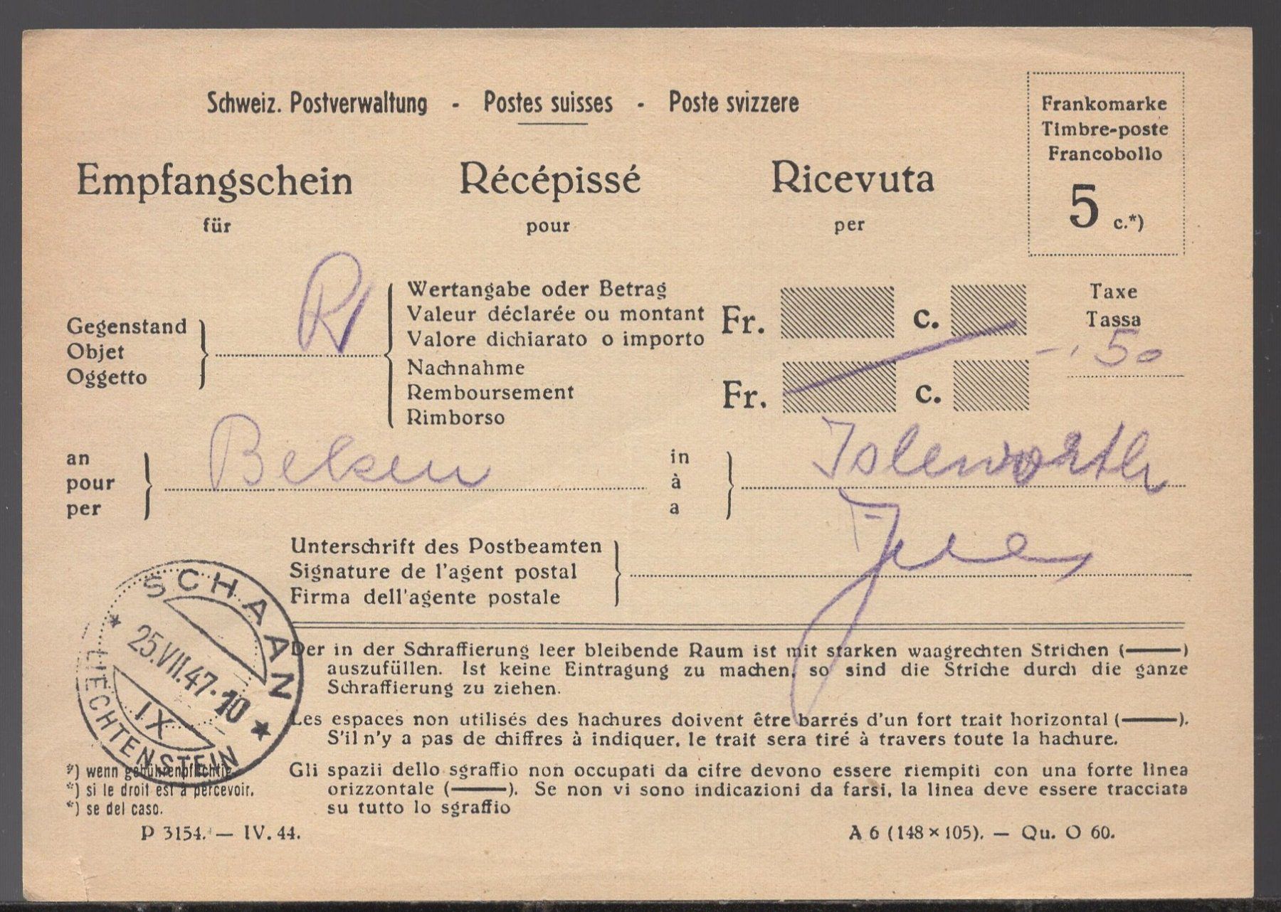 Tutti i francobolli: SCHAAN, 25.VII.45  Empfangsschein – Usato da Aarau venduto da kufi44