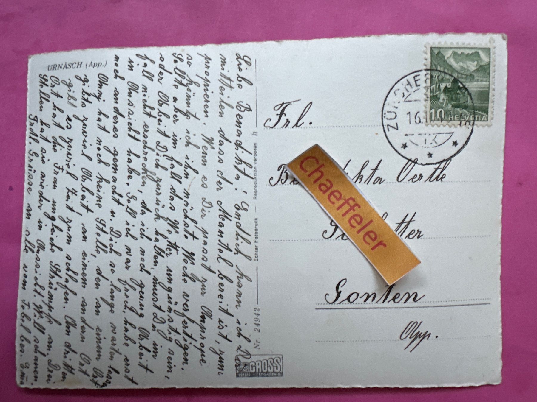 Cartoline postali: 1949 Urnäsch (App.) – Usato da Zürich venduto da Chaeffeler 1