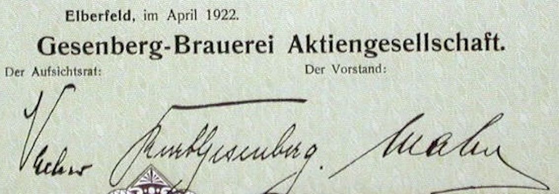 Dokumente: Gesenberg-Brauerei AG, Elberfeld - 1922 – Gebraucht aus Solothurn von Sgasche 1