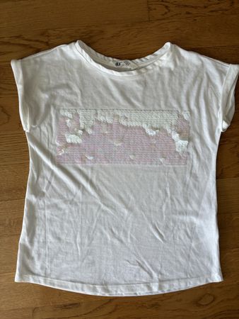Weisses H&M Sommer T-Shirt mit Pailletten, Gr. 134 / 140