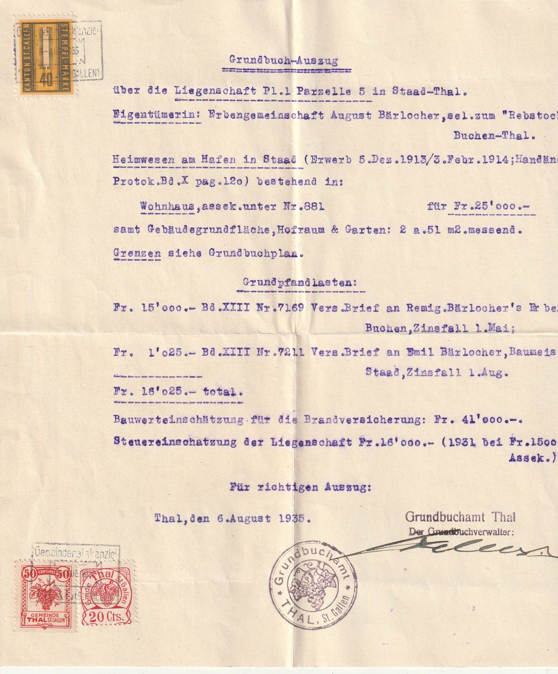 Alle Briefmarken: Fisikalmarken Gemeinde Thal auf Dokument – Gebraucht aus Rorschacherberg von fratovi2
