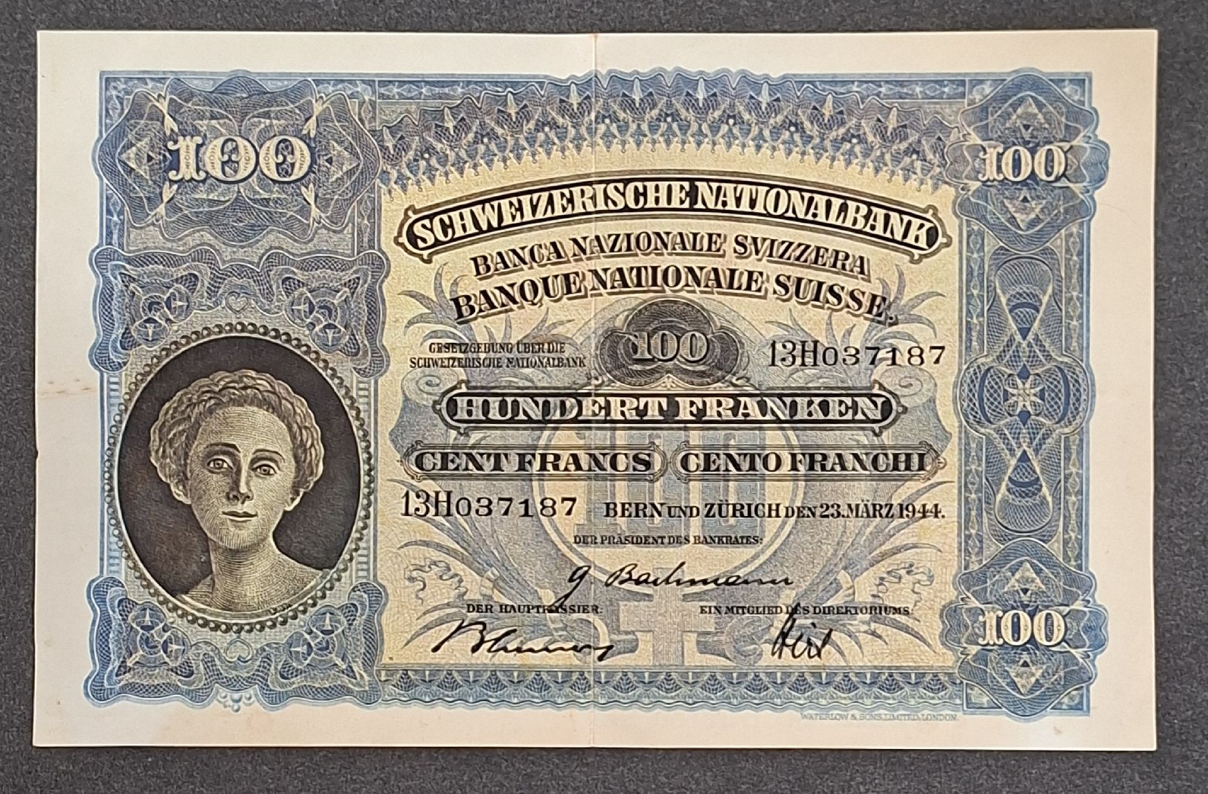 Documenti: Werbeprospekt, 100 Franken Banknote 1944 – Usato da Siebnen venduto da Leissav