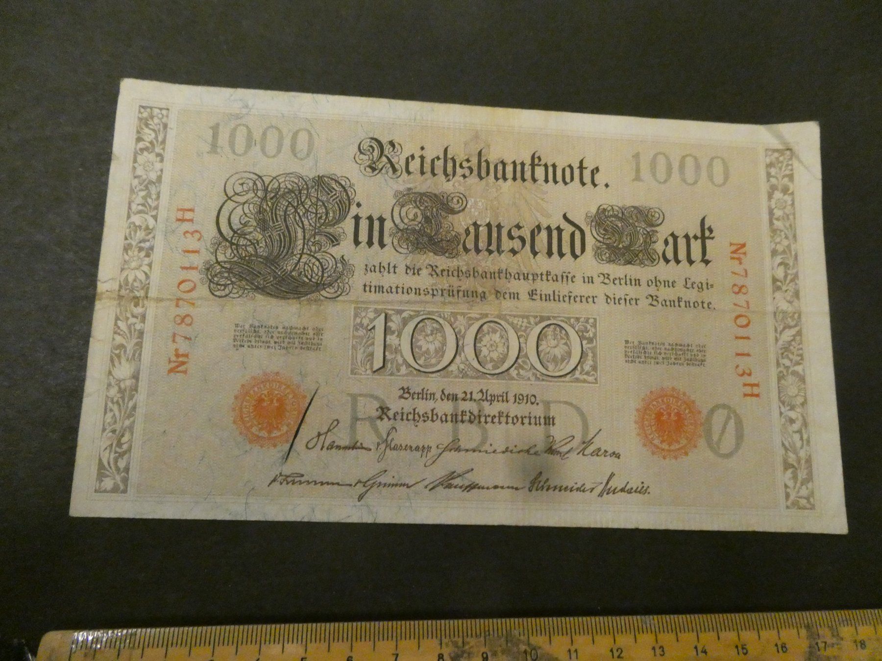 Banconote: Dt. Reich 1910, 1000 Mark KN rot – Usato da Hinterforst venduto da Rohusri