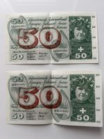 Banknoten Schweiz 1961, 2 Stück 50 Franken, fortl. Nummern