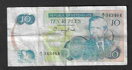 Banknoten: Seychelles  10  Rupees  Gebraucht – Gebraucht aus Gordola von coinsandnotes