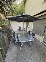 Gartentisch Set Glas mit 4 Stühlen und Schirm 216 X108 cm