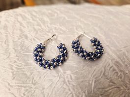 Elegante Creolen Ohrringe Silber/Blau Handmade nr5