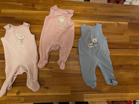 3 Baby Jumpsuits, Gr. 56, Velour/Cotton, Owls/Bears