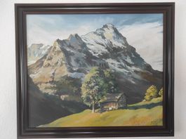 Ölbild Berglandschaft und Hütte mit Rahmen Signiert 52 x 61