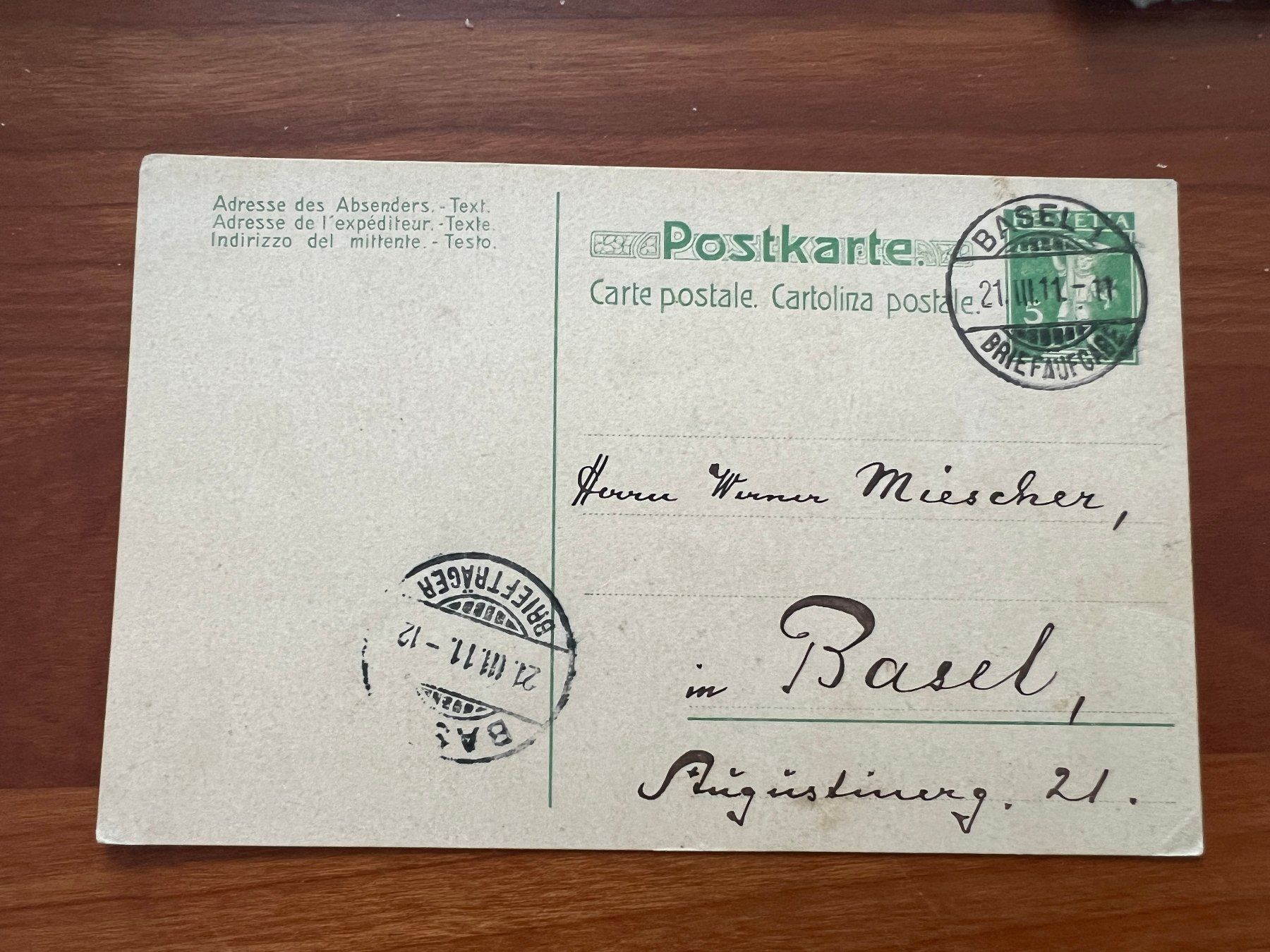 Cartoline postali: Alte Postkarte Basel 1911  (M275) – Usato da Hinwil venduto da Sidi4
