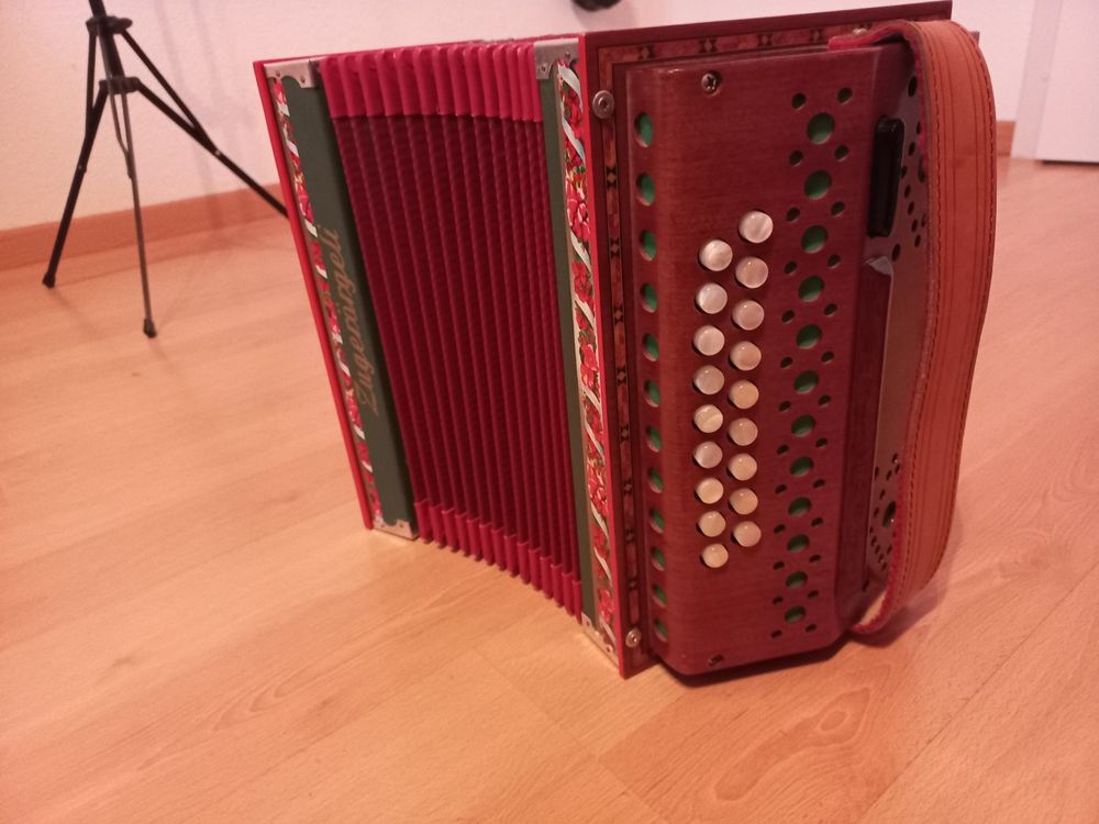 Strumenti musicali: Zuger - Örgeli mit Koffer - Tonart B - 18 Bässe – Usato da Andwil TG venduto da Natur5 2
