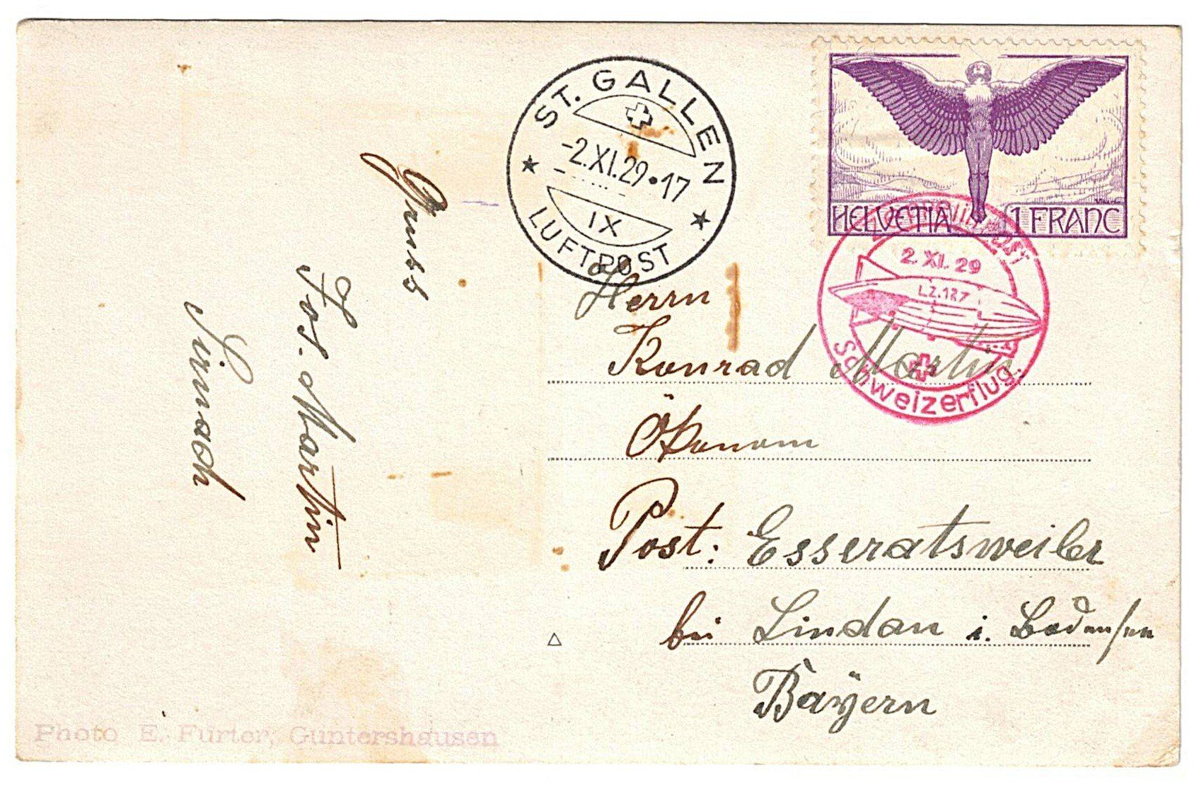 Cartes postales: Karte Sirnach - Zeppelin Schweizerflug 2.11.1929 – D'occasion à Gossau ZH par granby 1